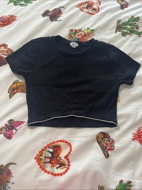 Garage Black Ribbed Tee with Rhinestone Hem